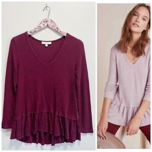 Anthropologie ERI + ALI Tallie Thermal Waffle Knit Peplum Top! Maroon XS